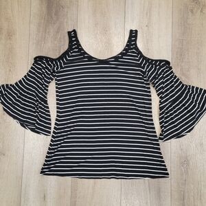 Cold Shoulder Bell Sleeve Top Cable & Gauge Size Large Black White Stripe Tunic